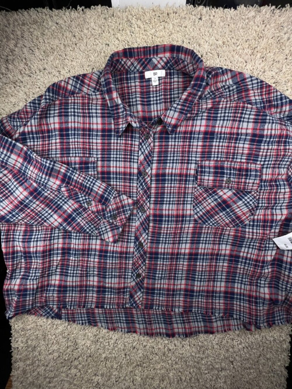 BP Plus Size 2X Blouse Long Sleeve Button Up Plaid Top Pocket NWT Red Blue